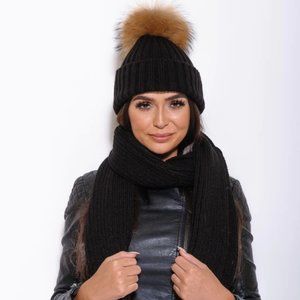 Black Fur Pom Pom Beanie Hat + Scarf Set - Removable via snap buttons